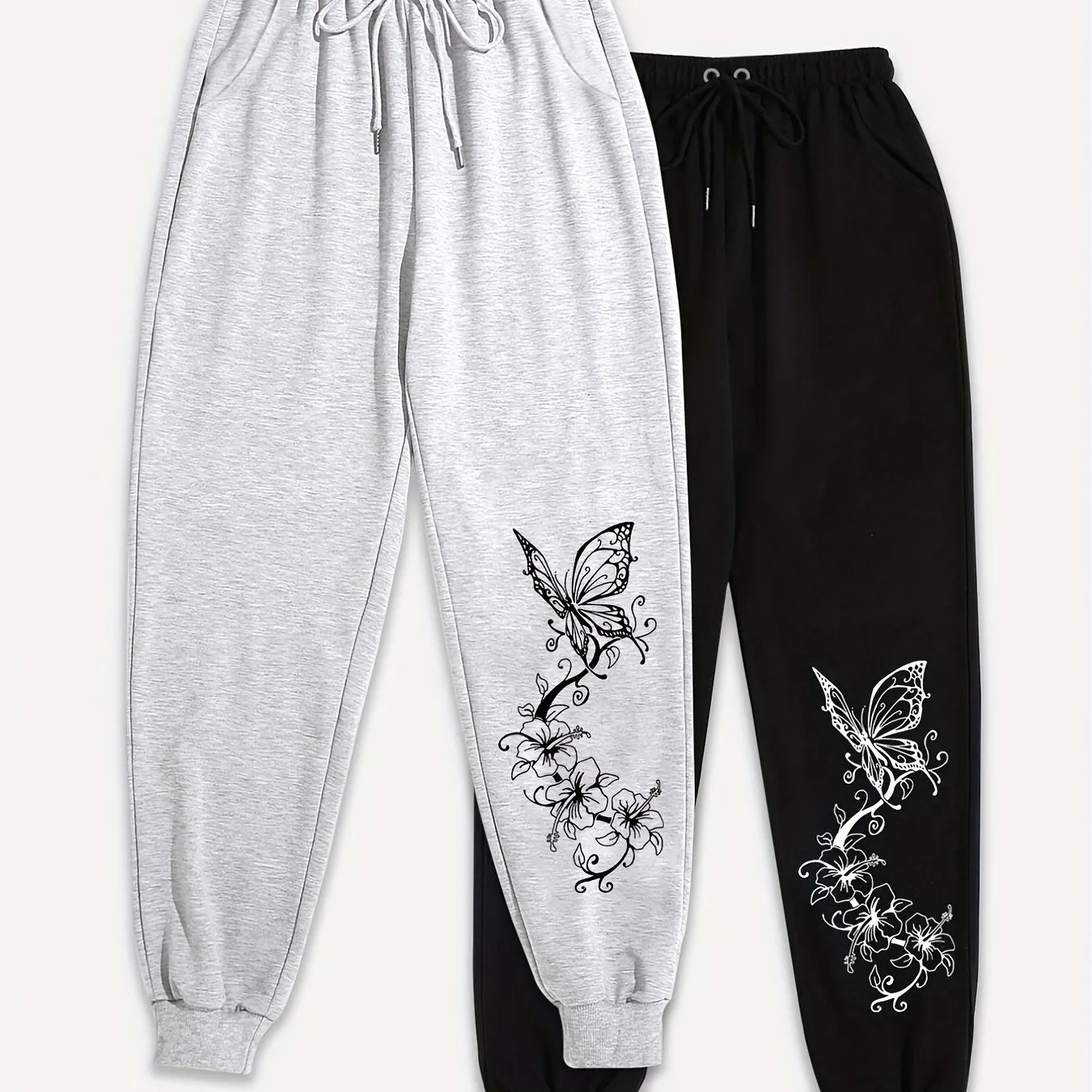 2 Pack Flower & Butterfly Print Sweatpants - Drawstring Waist, Comfy & Versatile Jogger Pants - For Women - Suitable for Loungewear, Exercise & Casual Wear - Perfect Gift for Fashionable Women