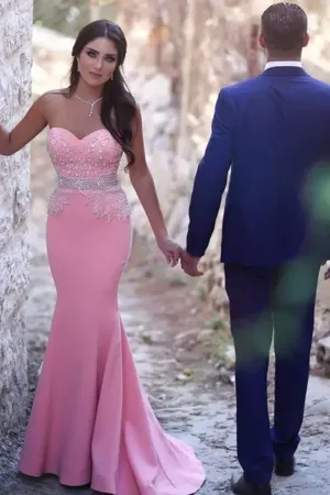 2024 Prom Dresses Sweetheart Beaded Bodice Mermaid Satin Sweep Train