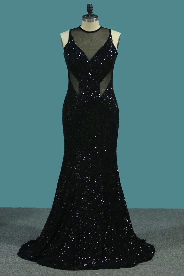 2024 Sheath Scoop Sequined Bodice Prom Dresses Floor Length Open Back