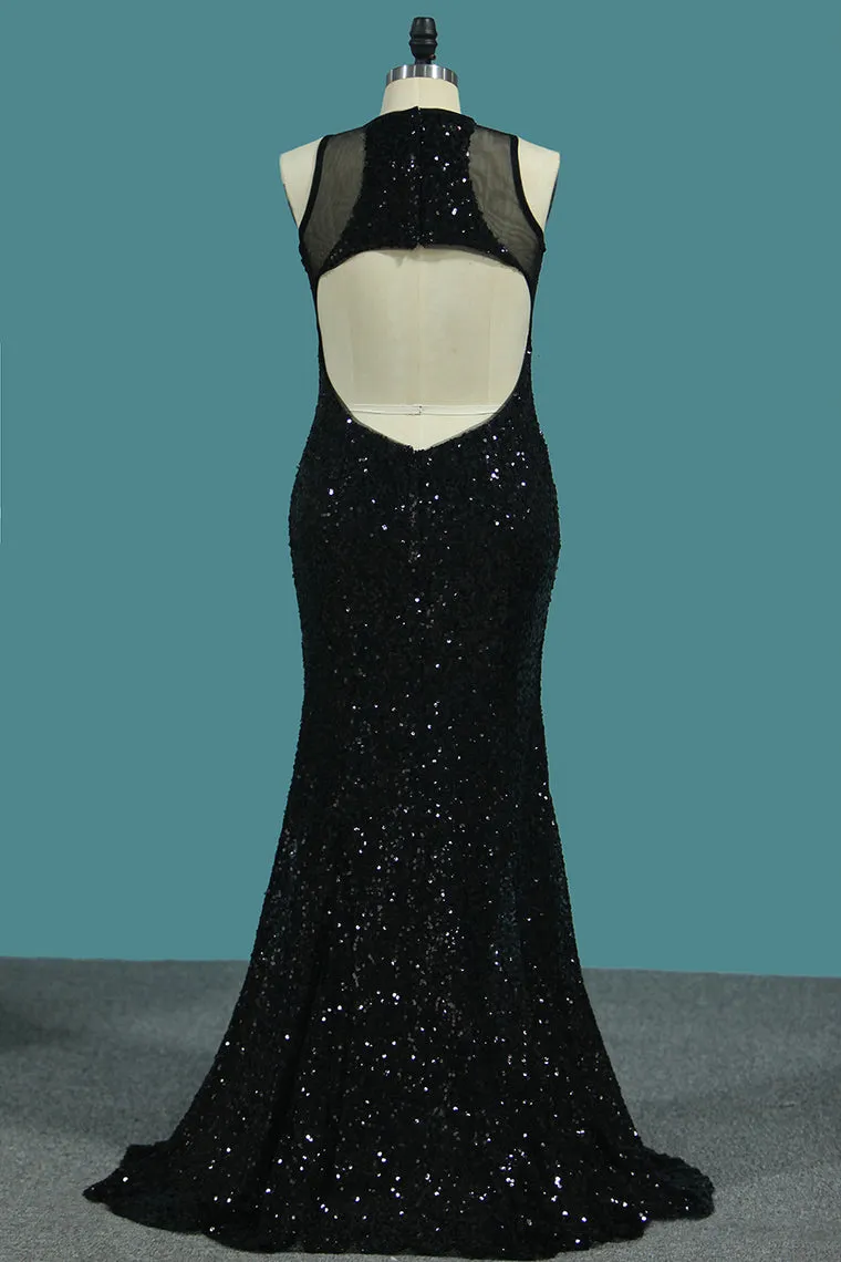 2024 Sheath Scoop Sequined Bodice Prom Dresses Floor Length Open Back