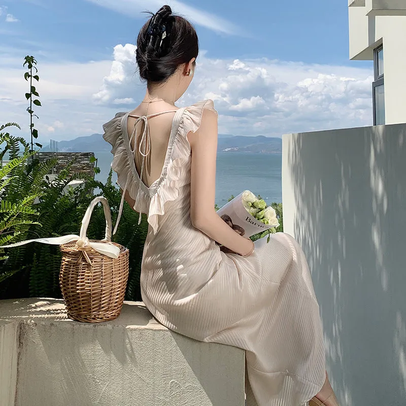 Apricot Summer Backless Chic Long Dress Ruffle Women Skirt 388