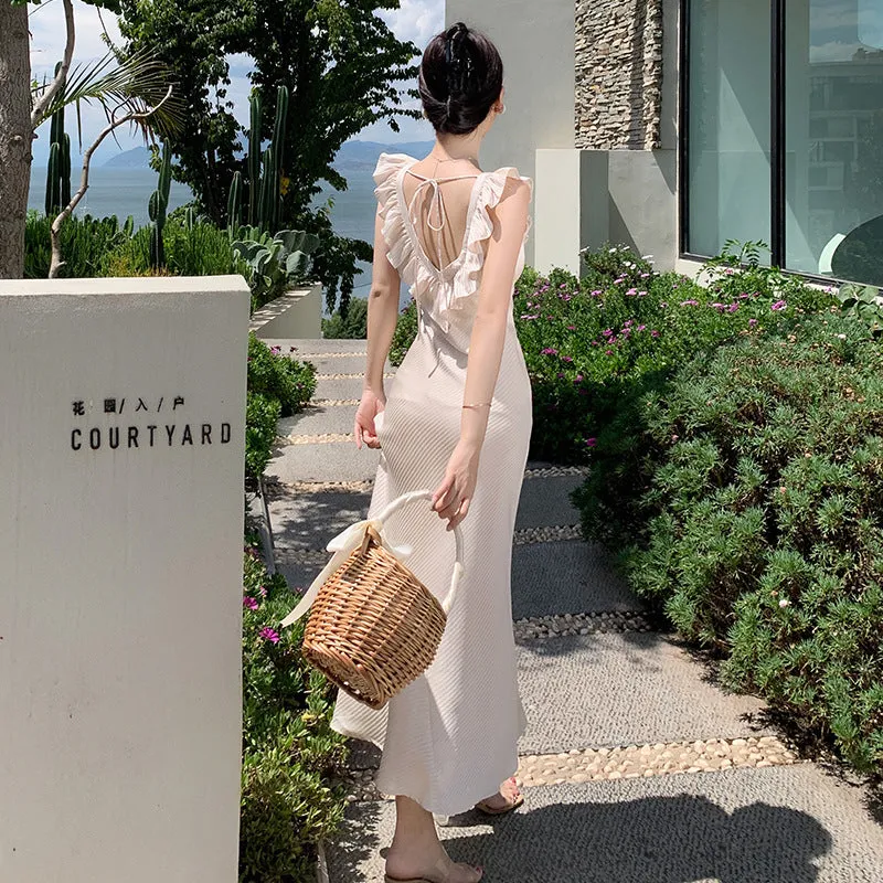 Apricot Summer Backless Chic Long Dress Ruffle Women Skirt 388