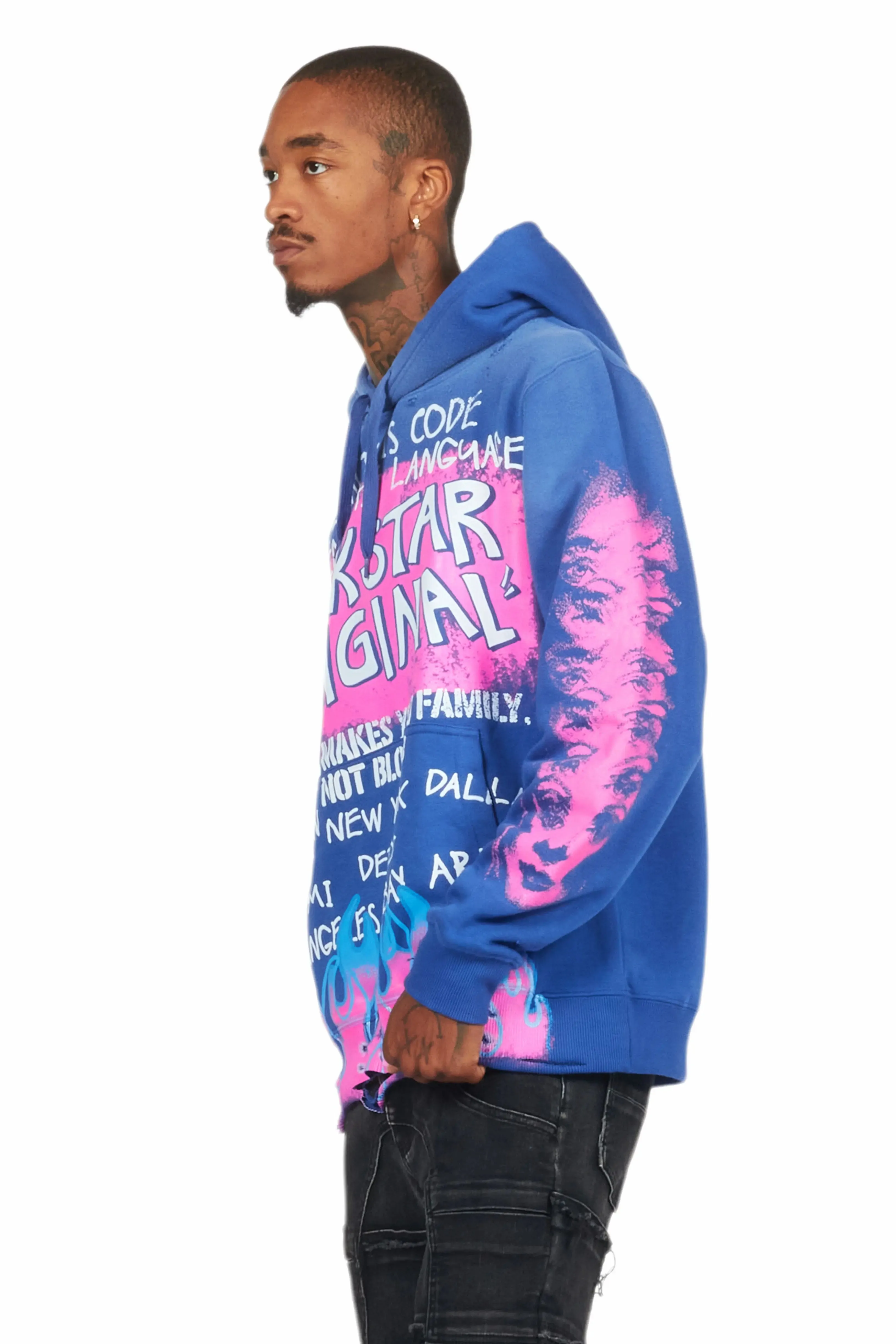 Beno Royal Blue Distressed Graphic Hoodie