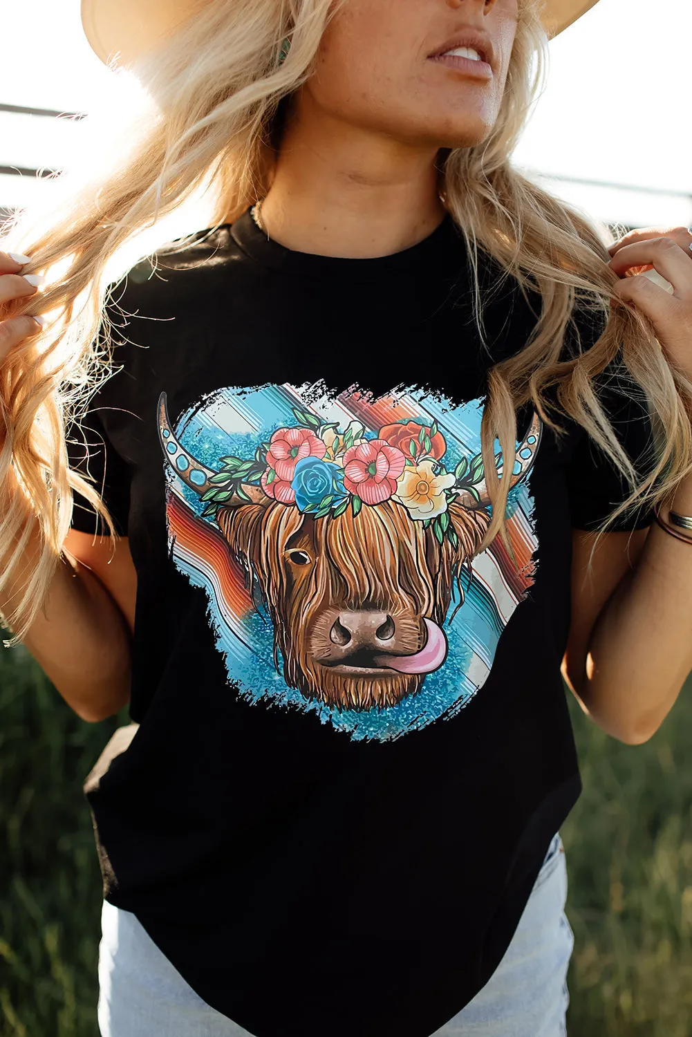 Black Serape Animal Head Graphic Western T-Shirt