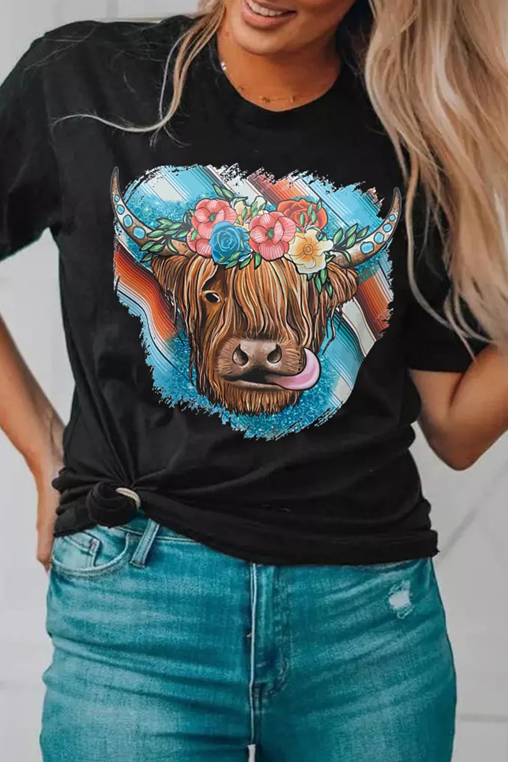 Black Serape Animal Head Graphic Western T-Shirt
