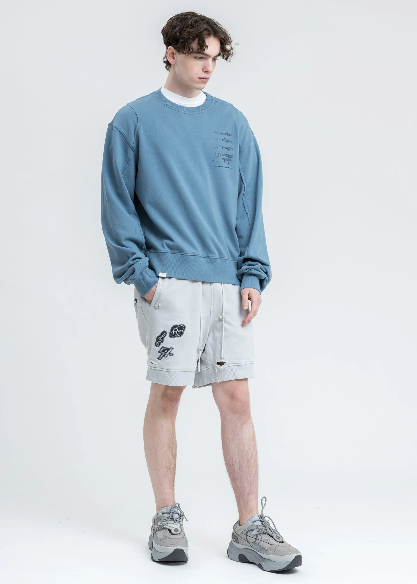 Blue Distressed Panelled Crewneck