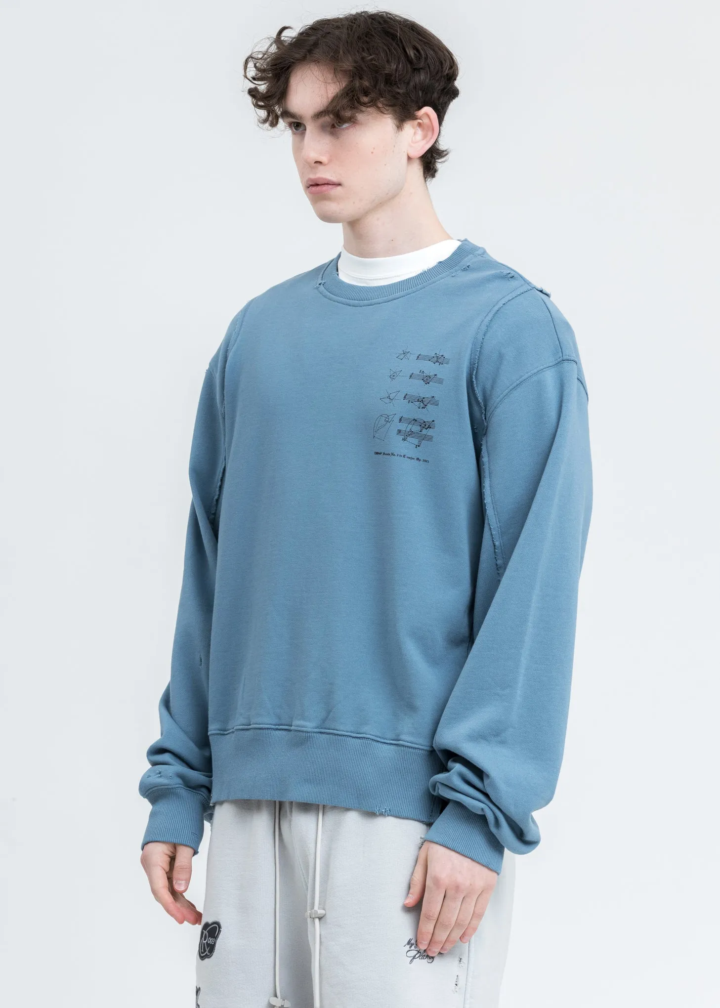 Blue Distressed Panelled Crewneck