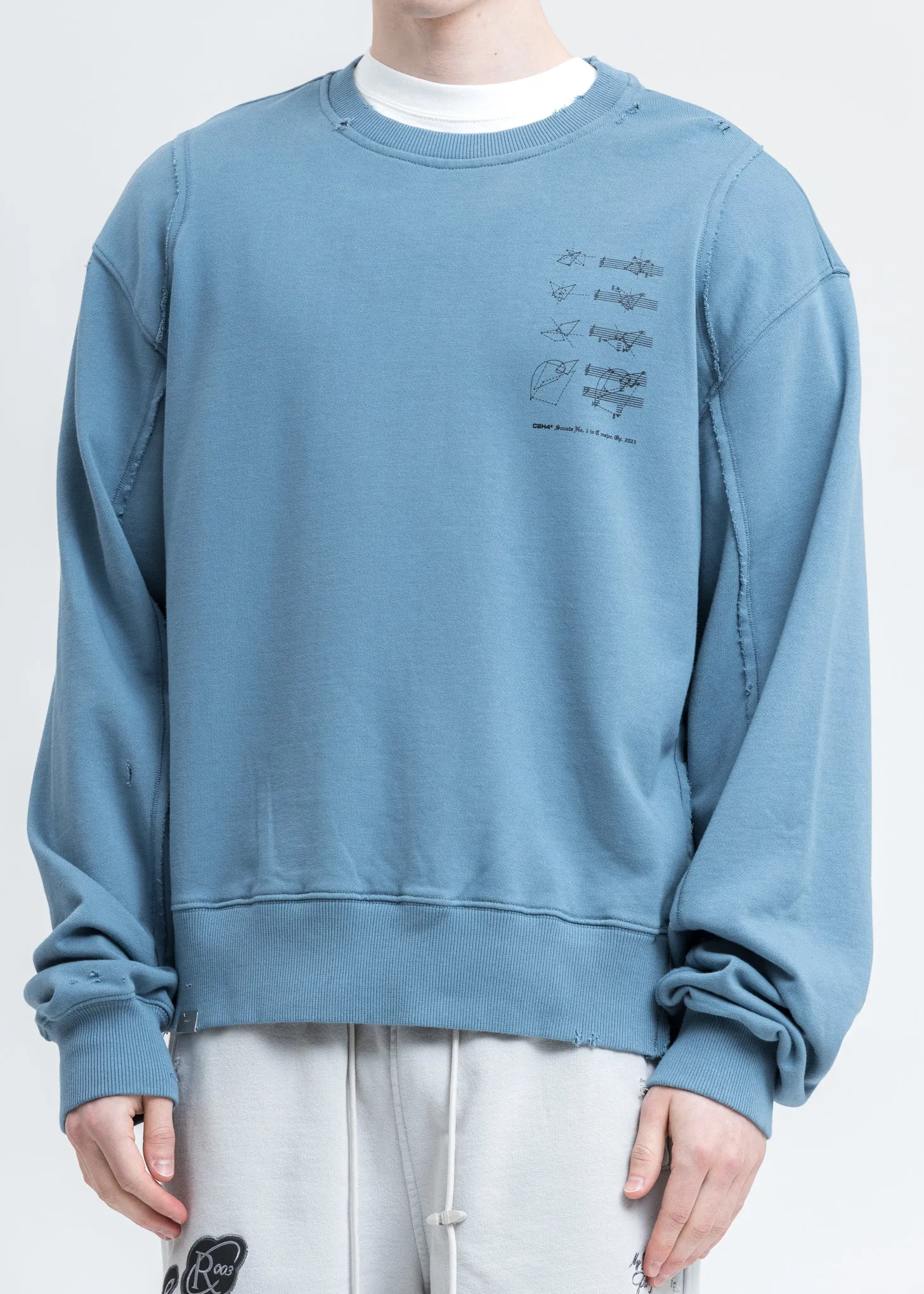 Blue Distressed Panelled Crewneck