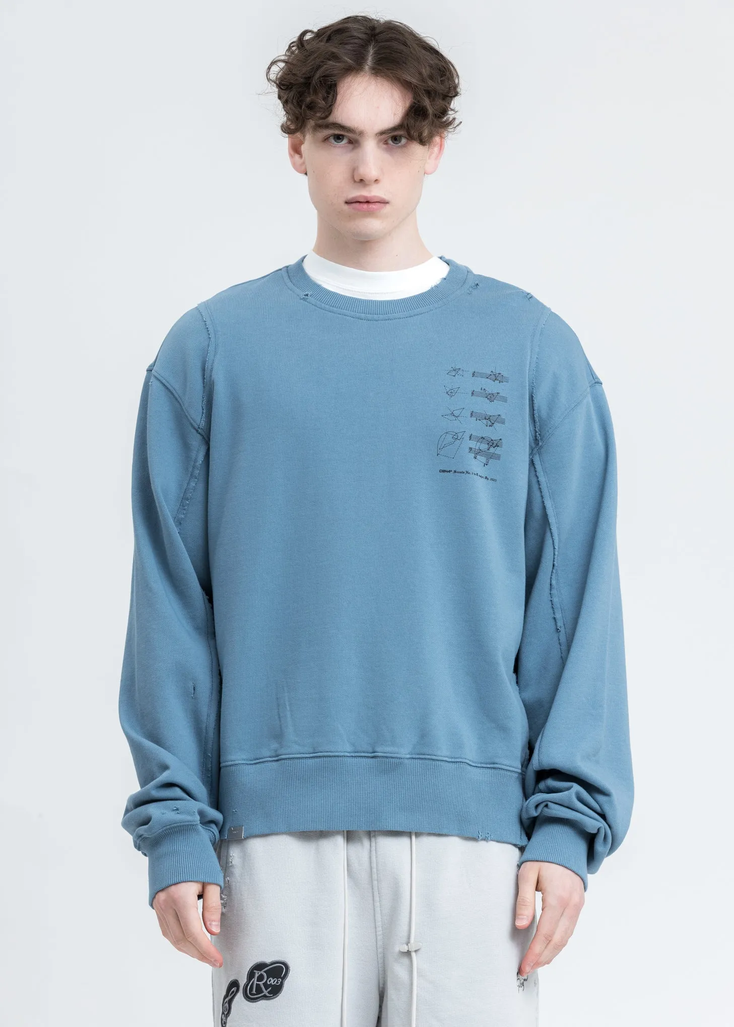 Blue Distressed Panelled Crewneck