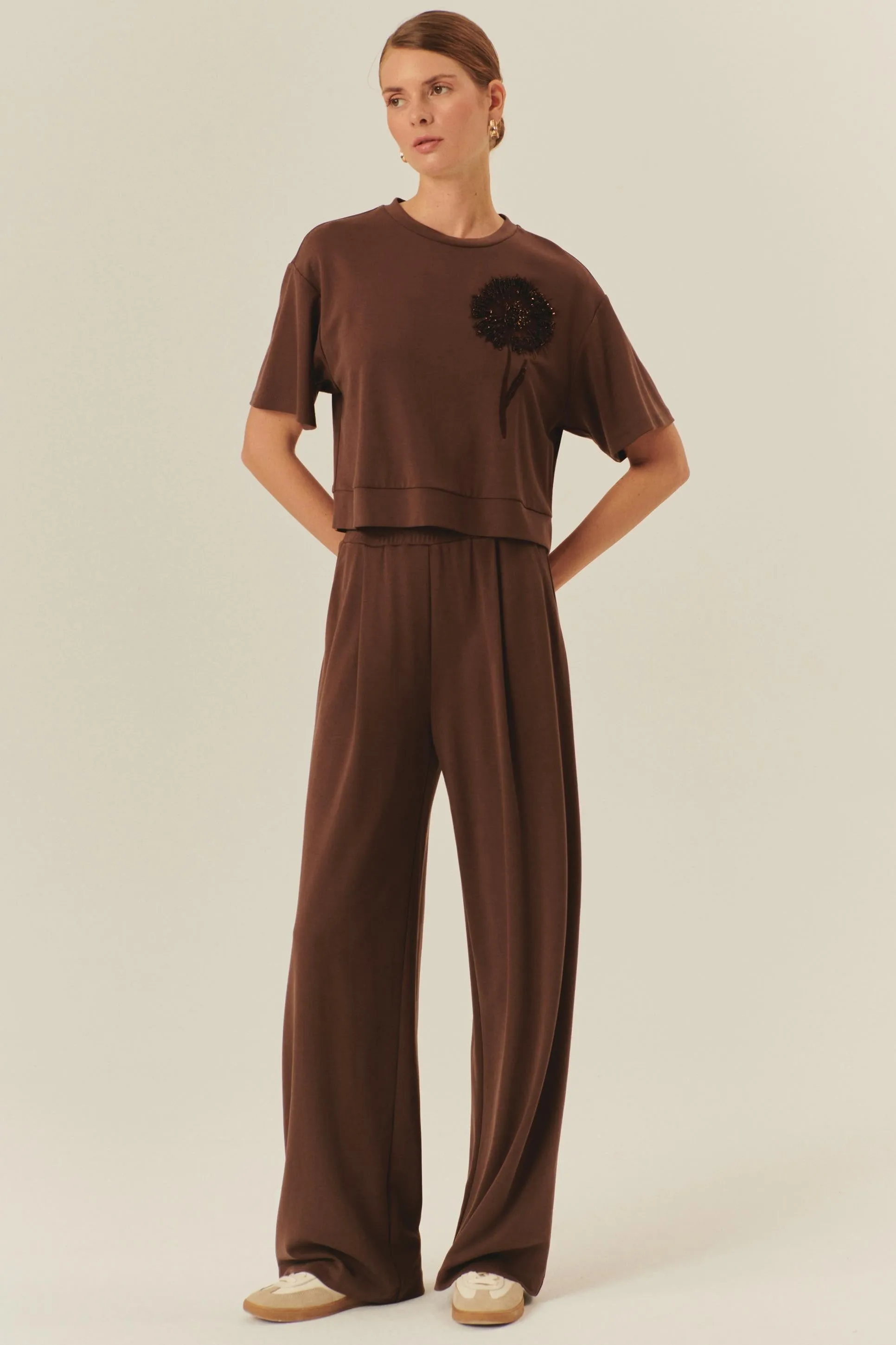 Brown Soft Knit Wide-Leg Pants