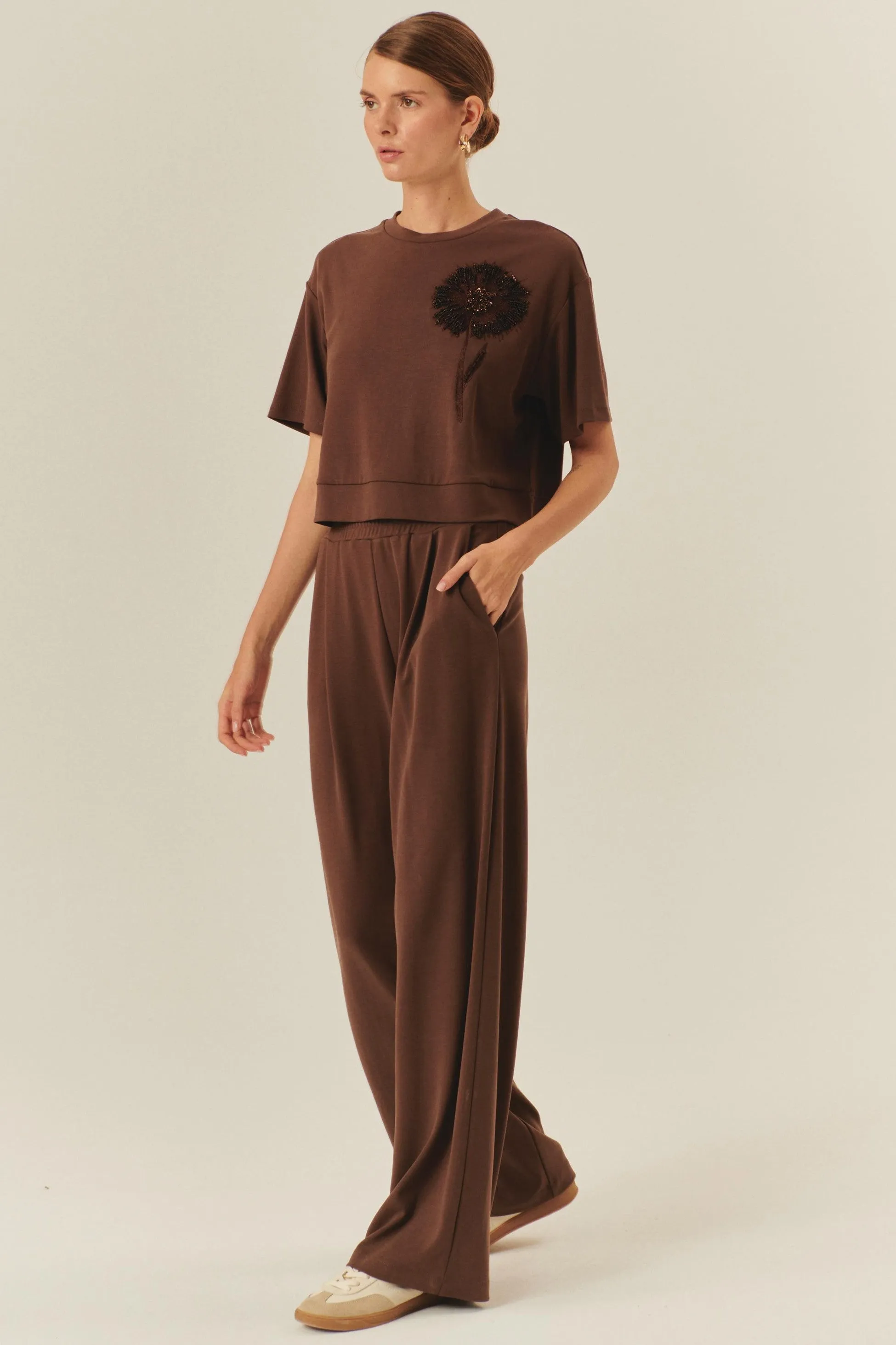 Brown Soft Knit Wide-Leg Pants