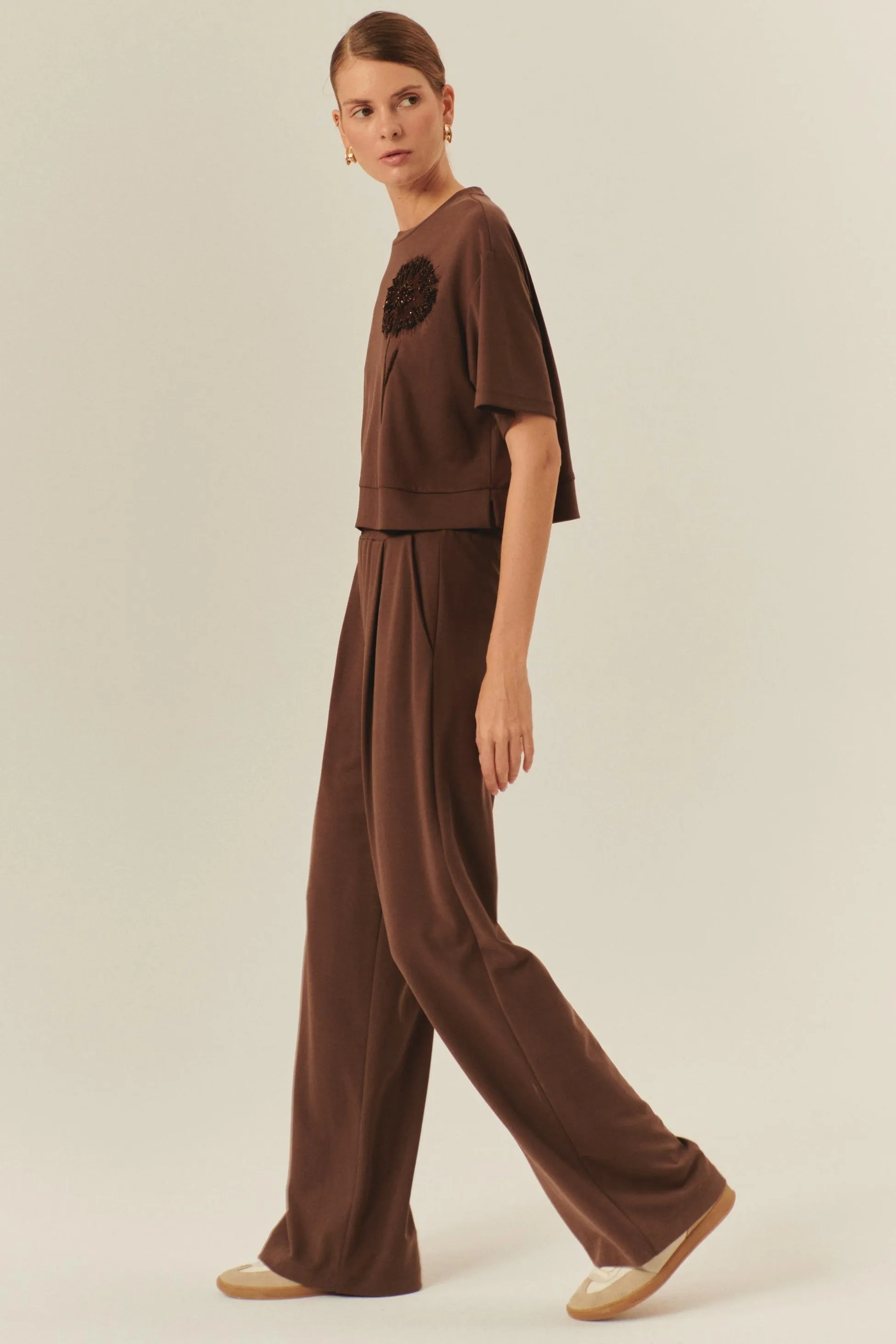 Brown Soft Knit Wide-Leg Pants