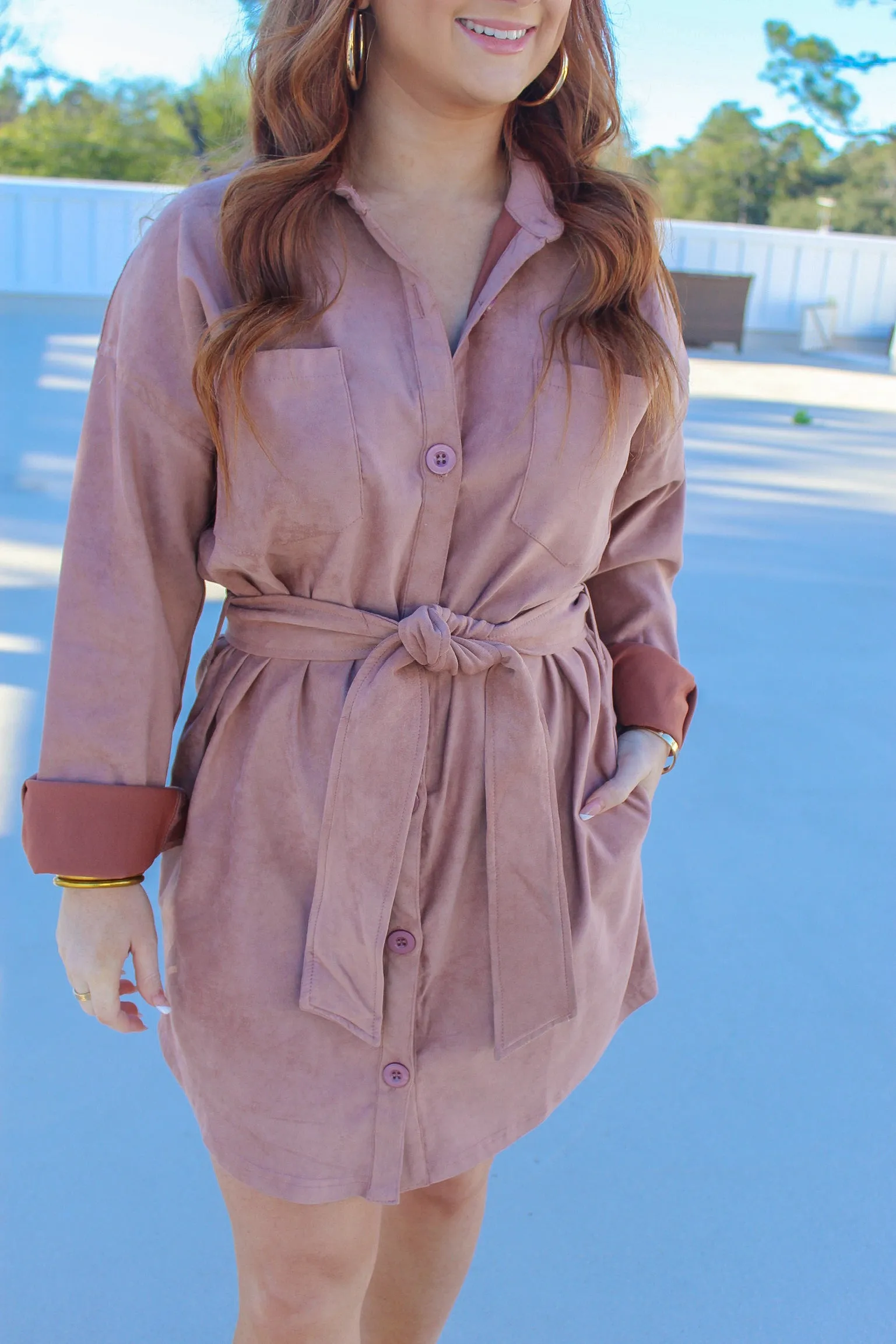 Cara Waist Tie Suede Shirt Dress- Mauve