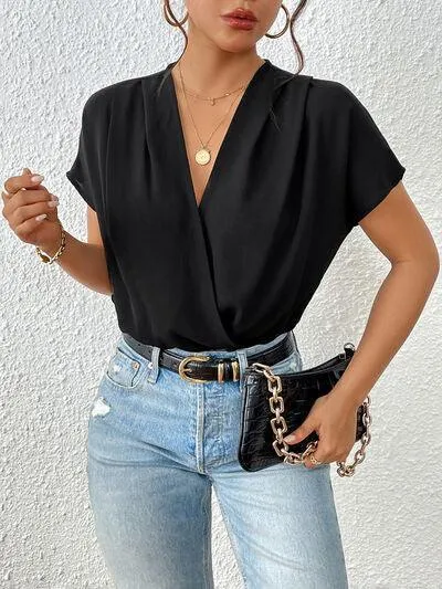 Casual Chic V Neck Black Short Sleeve Bodysuit