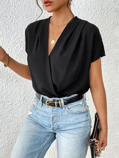 Casual Chic V Neck Black Short Sleeve Bodysuit