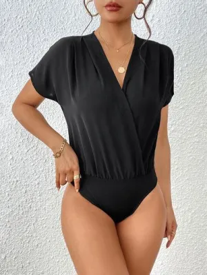 Casual Chic V Neck Black Short Sleeve Bodysuit