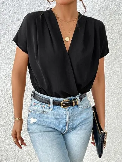 Casual Chic V Neck Black Short Sleeve Bodysuit