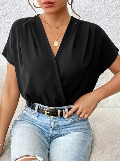 Casual Chic V Neck Black Short Sleeve Bodysuit