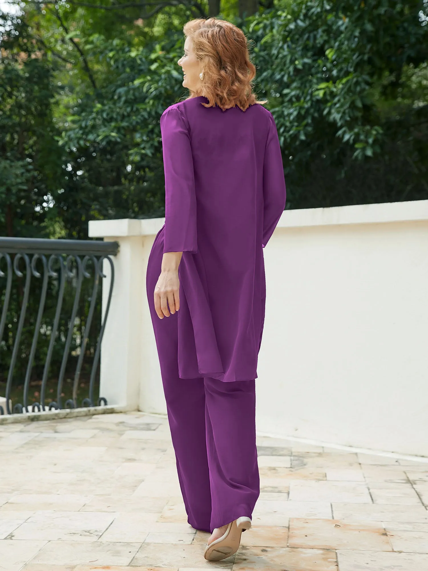 Chic Lace Top Pant Suit with Jacket Grape