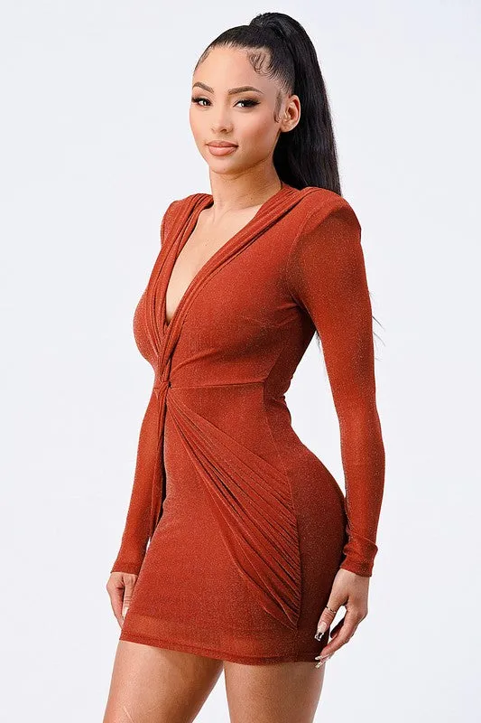 CHIC V NECK LONG SLEEVE BODYCON MINI DRESS