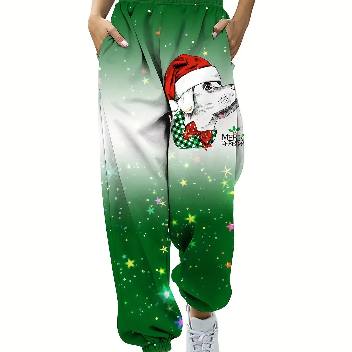 Christmas Dog Print Jogger Sweatpants, Casual Elastic Waist Pants For Fall & Winter, Women's Clothing