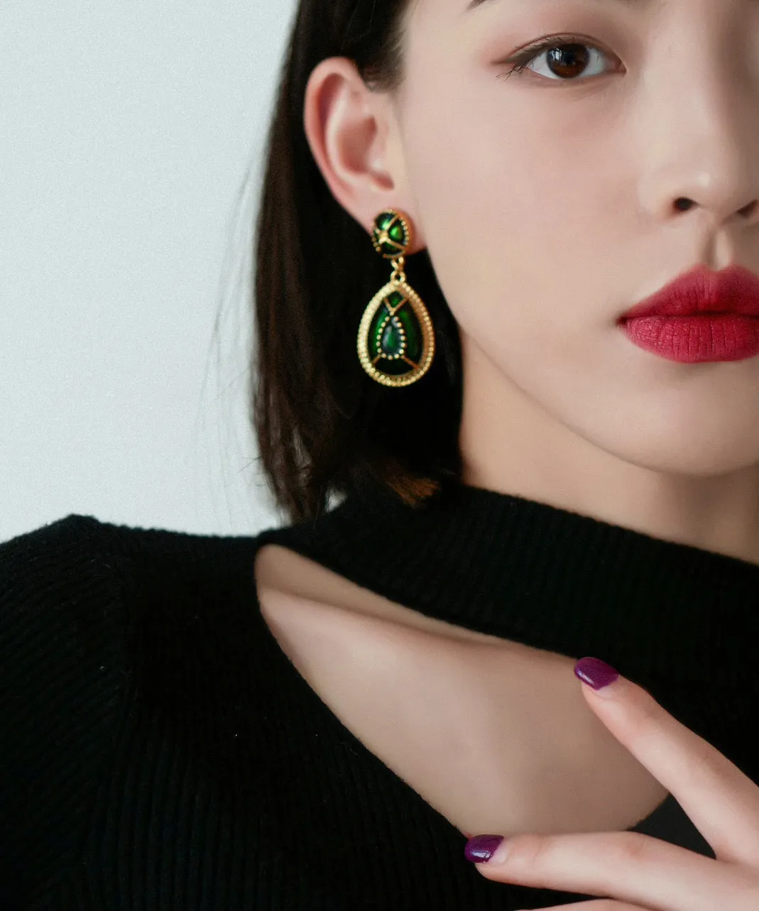 Classy Blackish Green Sterling Silver Overgild Enamel Water Drop Drop Earrings QZ020