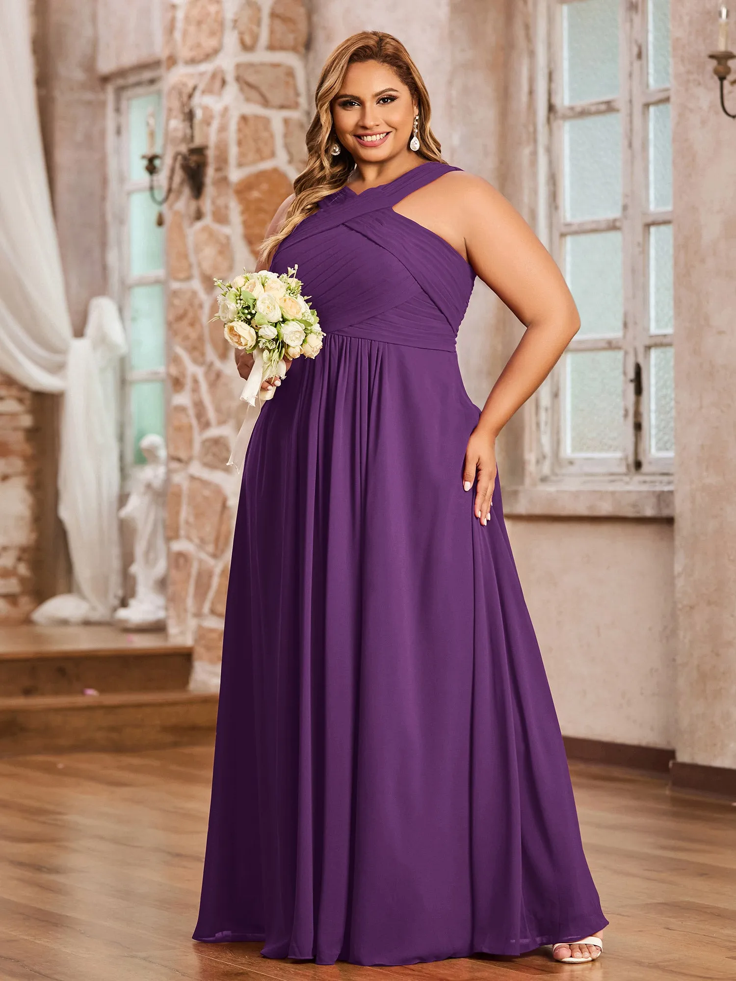 Cross Shoulder Strap Chiffon Dress with Empire Waist Grape Plus Size