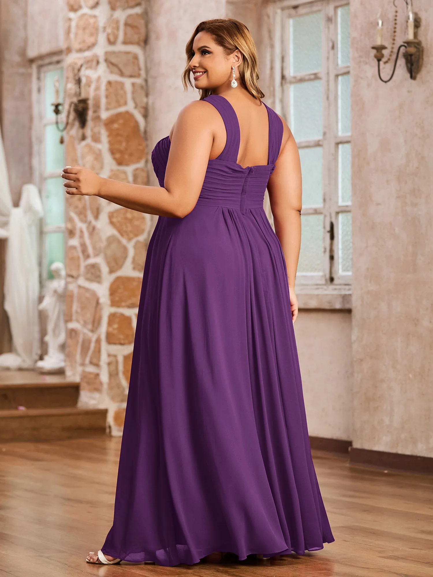Cross Shoulder Strap Chiffon Dress with Empire Waist Grape Plus Size