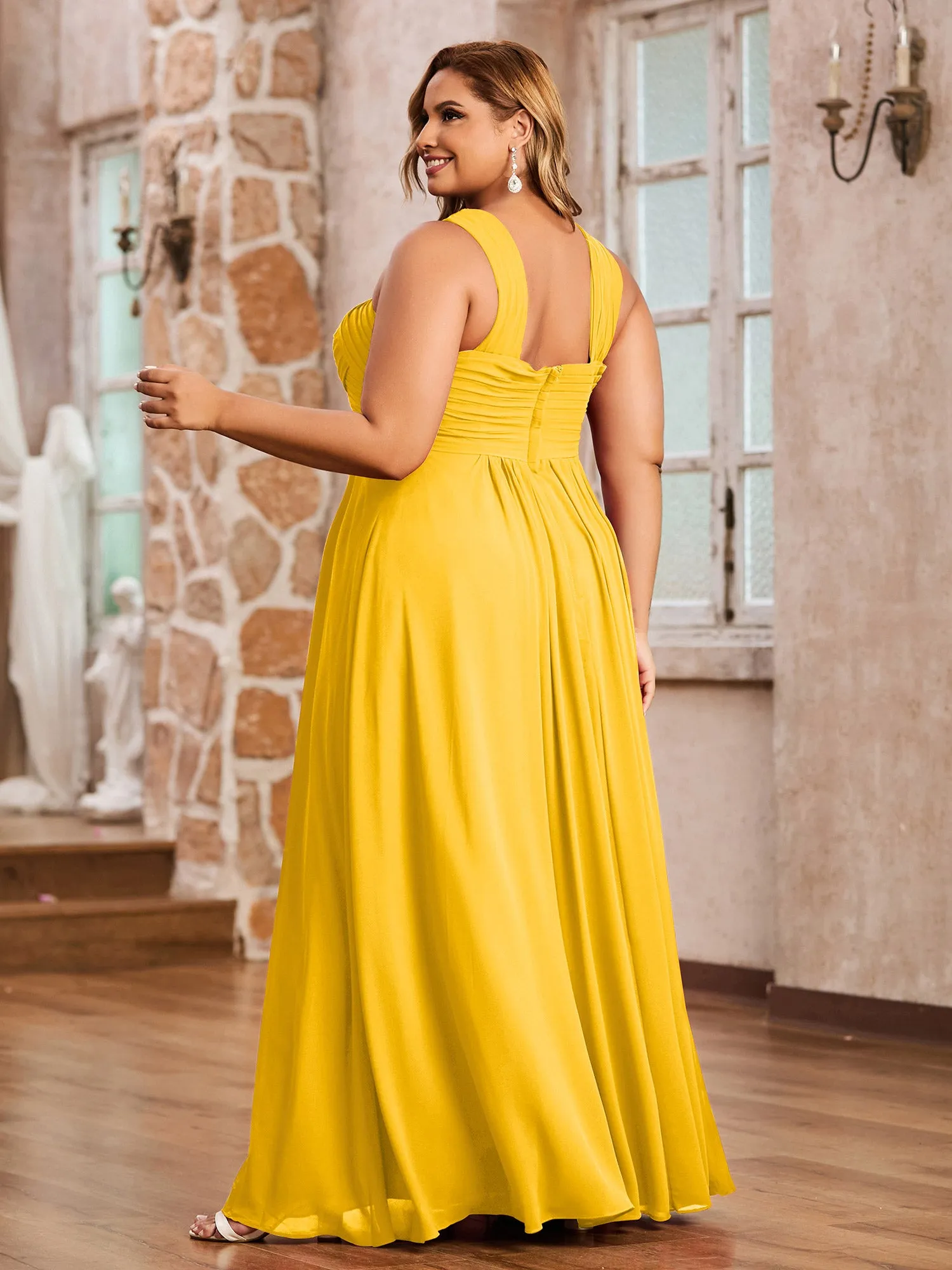 Cross Shoulder Strap Chiffon Dress with Empire Waist Marigold Plus Size