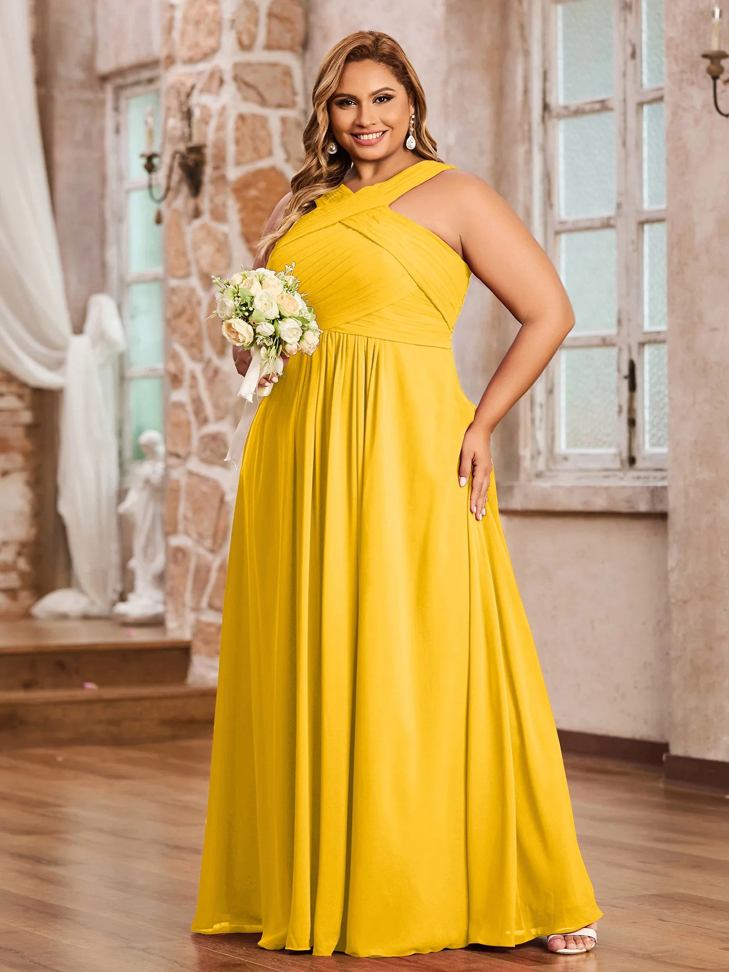 Cross Shoulder Strap Chiffon Dress with Empire Waist Marigold Plus Size