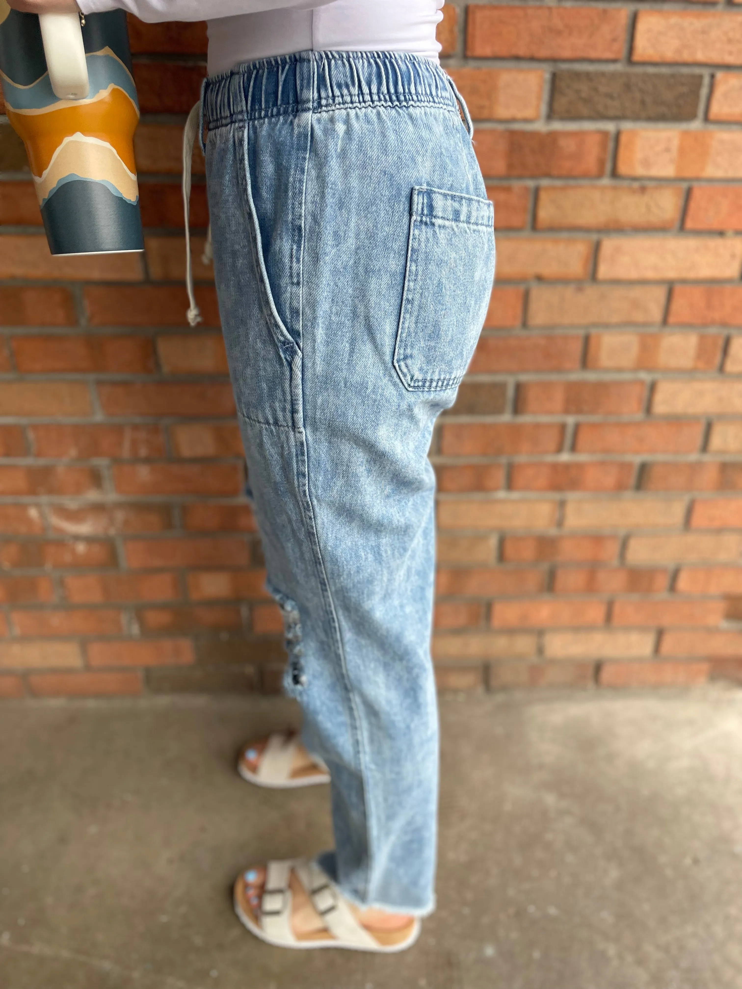 Distressed Wash Denim Jogger Pants