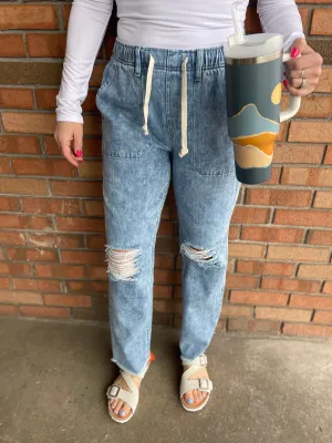 Distressed Wash Denim Jogger Pants