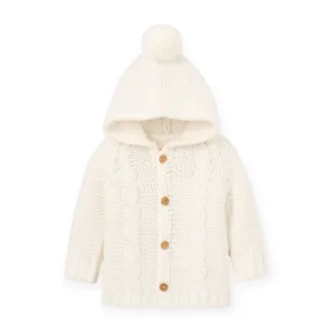 Elegant Baby Chunky Cable Knit Hooded Pom Pom Cardigan ~ White