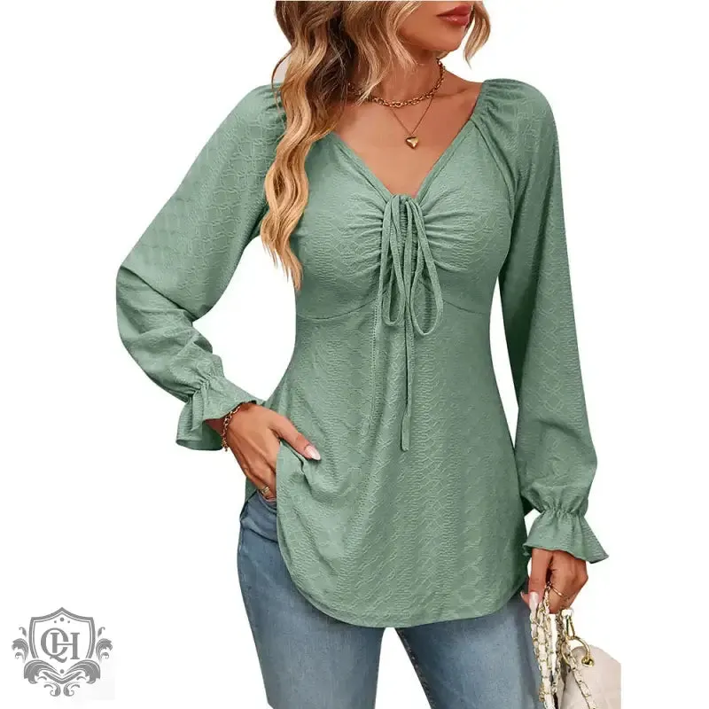 Elegant V-Neck Drawstring Blouse
