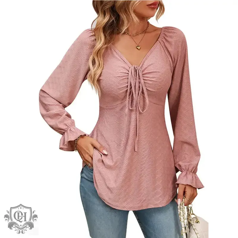 Elegant V-Neck Drawstring Blouse