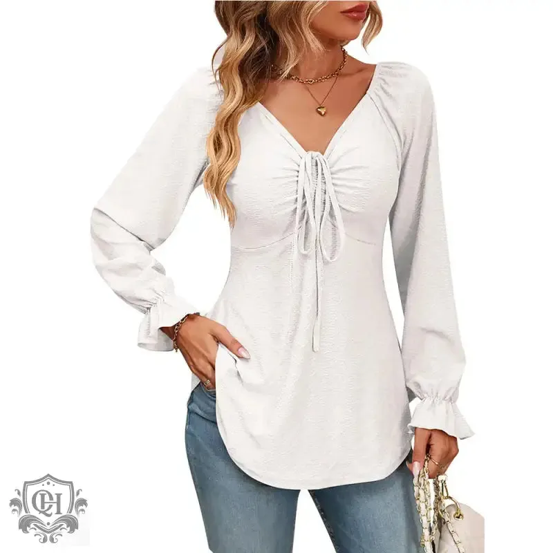 Elegant V-Neck Drawstring Blouse