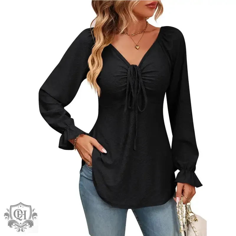 Elegant V-Neck Drawstring Blouse