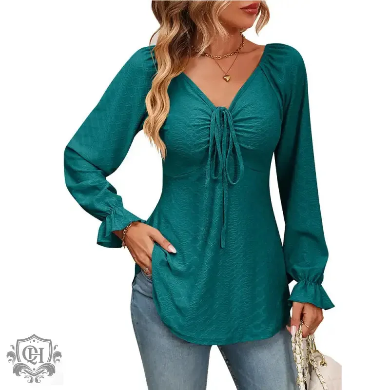 Elegant V-Neck Drawstring Blouse