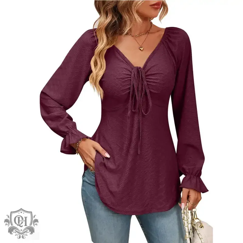 Elegant V-Neck Drawstring Blouse