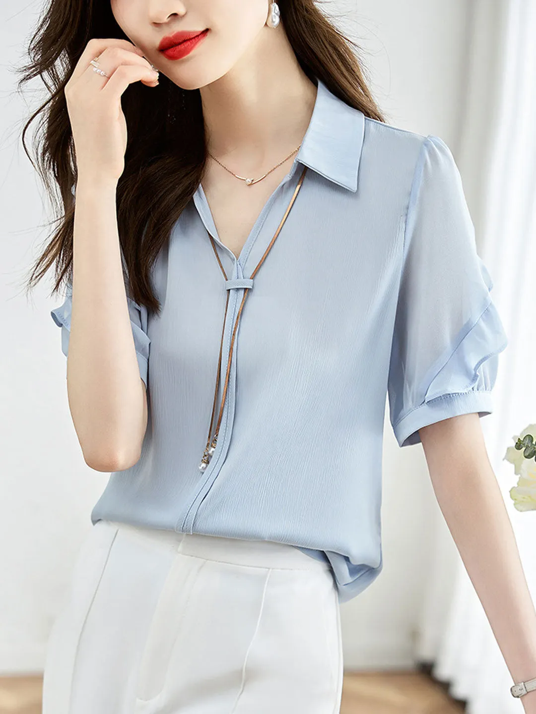 Elizabeth Elegant Lapel Chain Chiffon Shirt