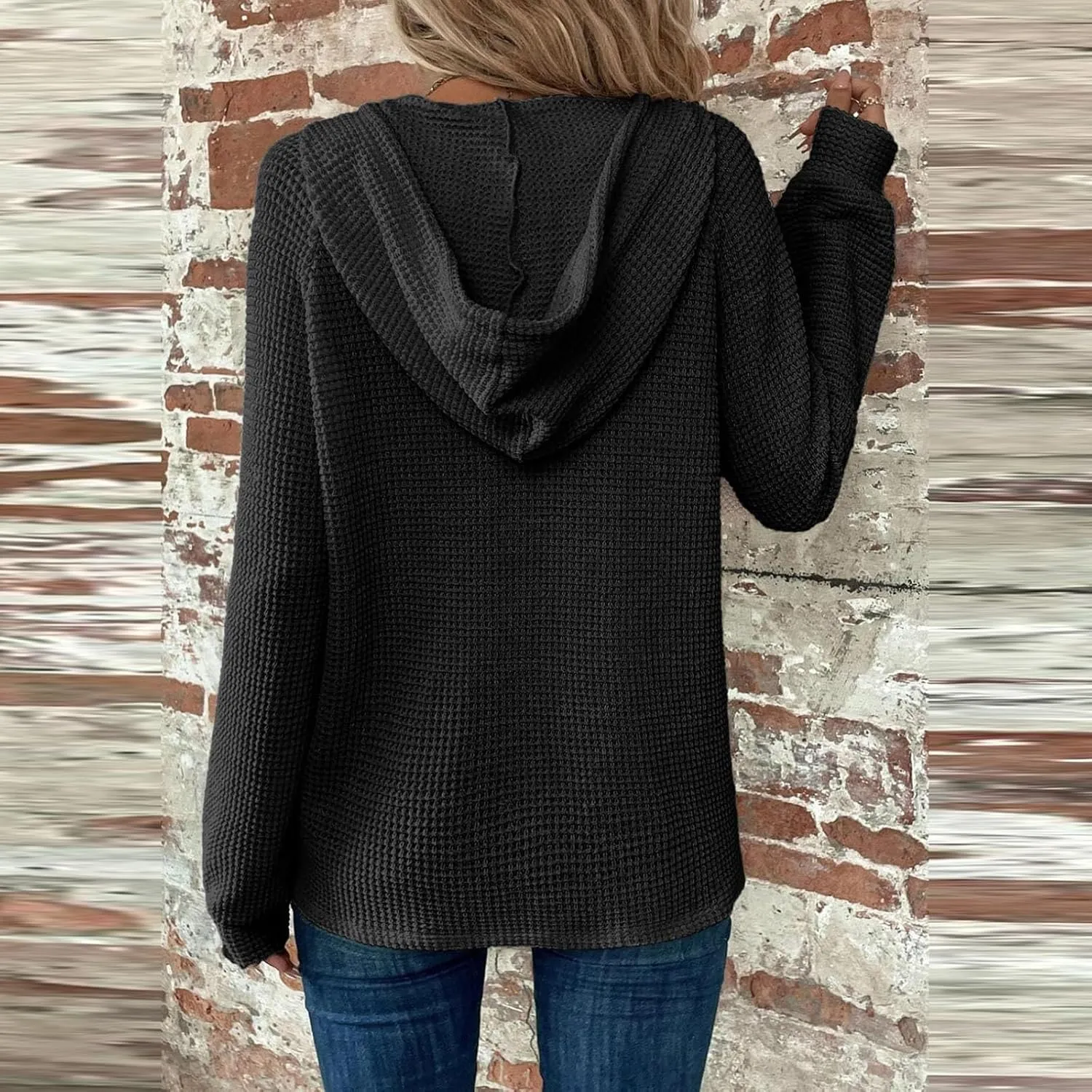 Fall Clothes Women Waffle Knit Button Hoodie Y2K Drawstring Collar Sweatshirt Plus Office Winter Blouses Long Sleeve