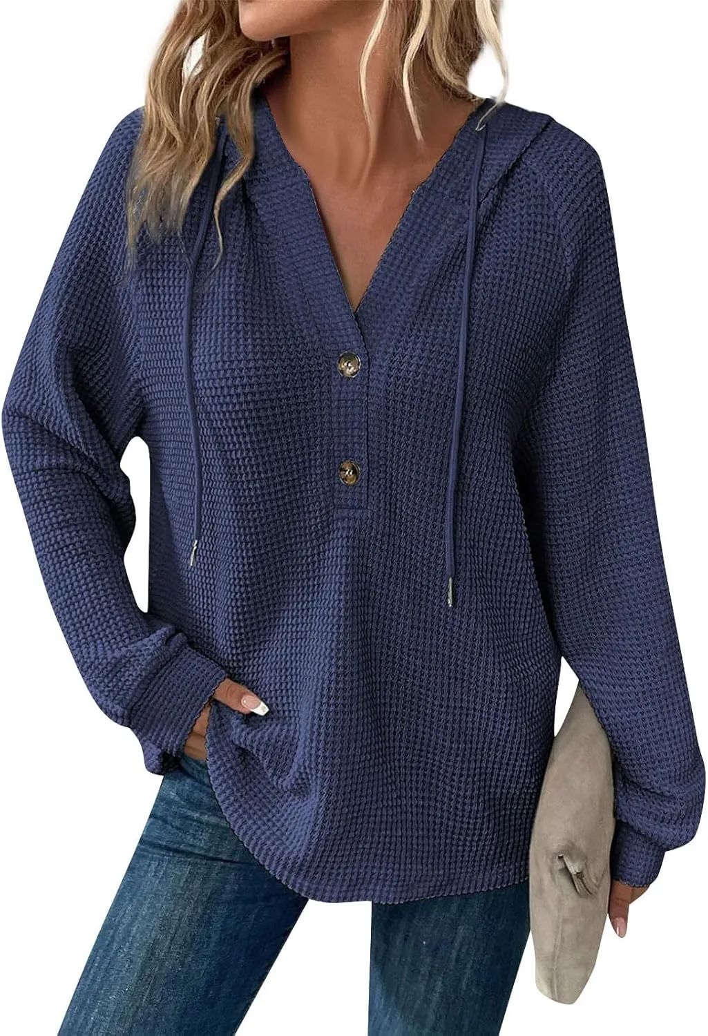Fall Clothes Women Waffle Knit Button Hoodie Y2K Drawstring Collar Sweatshirt Plus Office Winter Blouses Long Sleeve