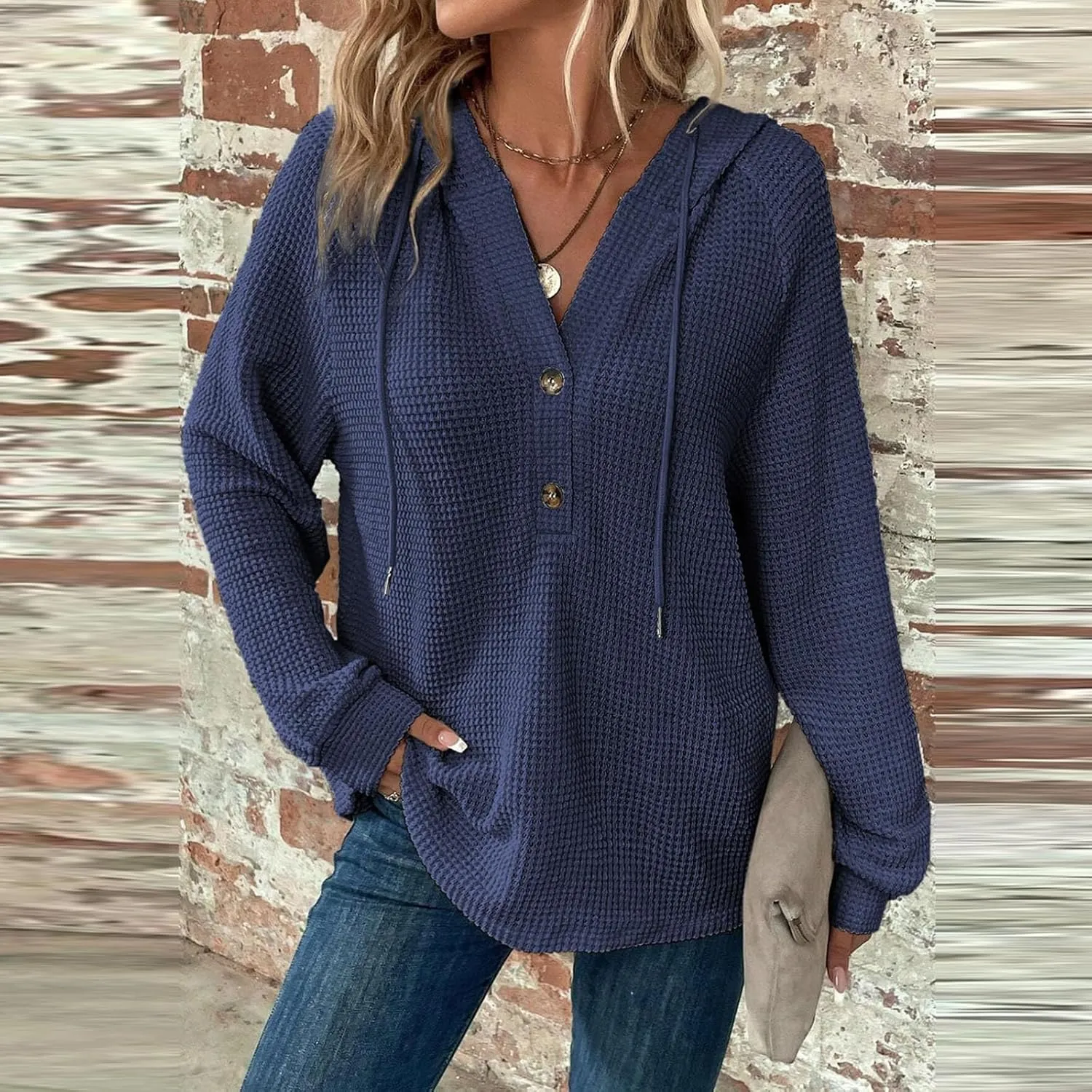 Fall Clothes Women Waffle Knit Button Hoodie Y2K Drawstring Collar Sweatshirt Plus Office Winter Blouses Long Sleeve