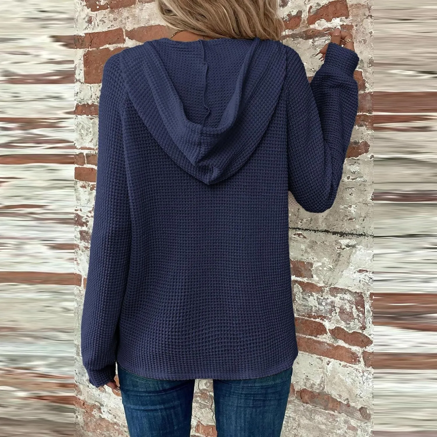 Fall Clothes Women Waffle Knit Button Hoodie Y2K Drawstring Collar Sweatshirt Plus Office Winter Blouses Long Sleeve