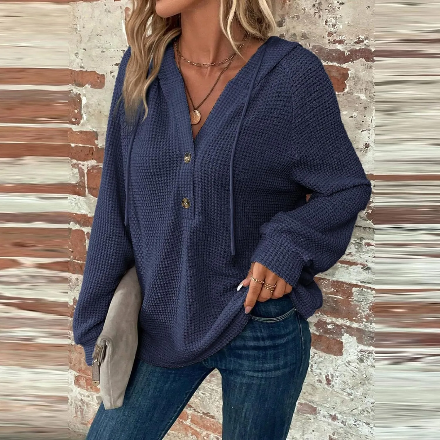 Fall Clothes Women Waffle Knit Button Hoodie Y2K Drawstring Collar Sweatshirt Plus Office Winter Blouses Long Sleeve