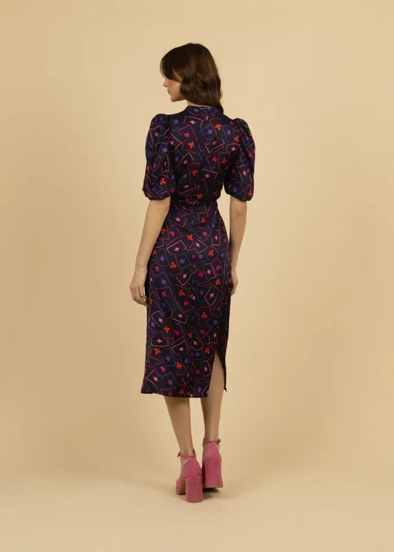 Fee G Vienna Navy Card Print Cut Out Dress