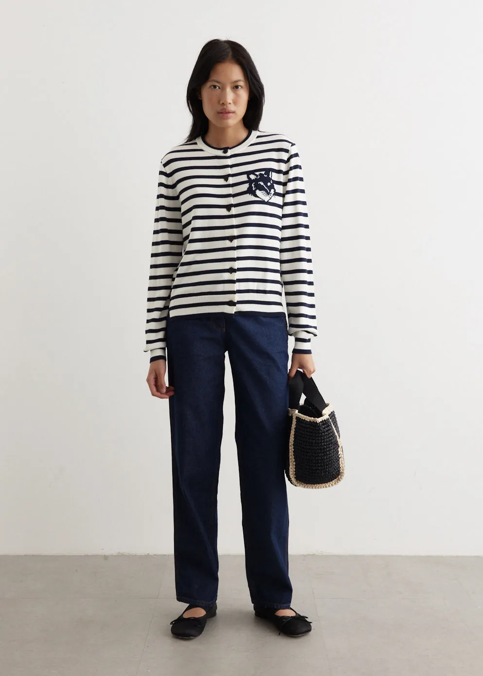 Fox Head Intarsia Crop Striped Cardigan