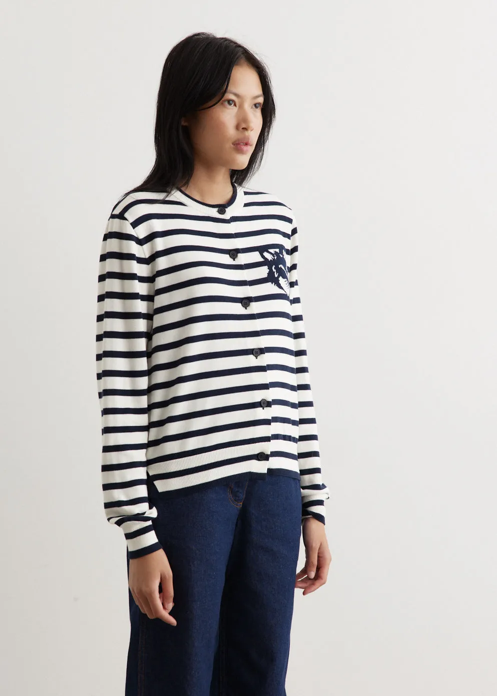 Fox Head Intarsia Crop Striped Cardigan