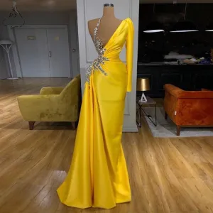 Gold Yellow One Shoulder Long Sleeve Prom Dresses Sexy Illusion Beading Chic Party Dress Long vestidos Zipper Back Evening Gowns