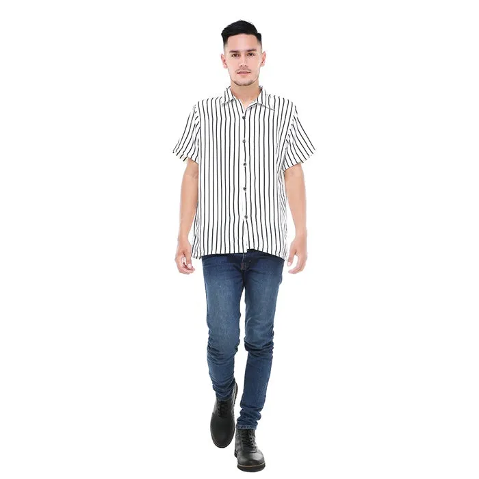 Hamlin Dwan Atasan Kemeja Pria Vertical Lines Casual Shortsleeve Shirt Material Cotton ORIGINAL - White